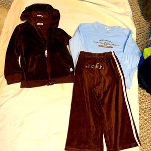 BOUTIQUE ICKY BABY BROWN VELOUR TRACK SUIT HOODY & PANTS & SHIRT CUTE 4T